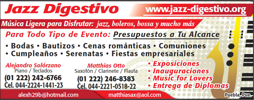 Saxofonistas y Tecladistas Puebla: Teléfonos y Correos. Eventos, Fiestas y Conciertos de todo tipo